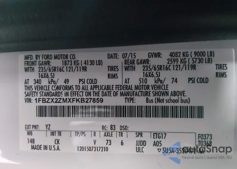 2015 Ford Transit-350 Xlt z USA, uszkodzony, nr VIN 1FBZX2ZMXFKB27859